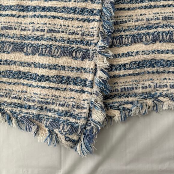 Lucky Brand tweed striped blue & cream open front fringed jacket size medium - Picture 4 of 10